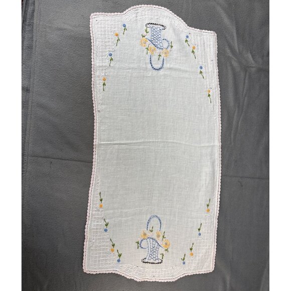 Hand-Embroidered Table Linens Floral Basket & Lace Trim Set 3 Vintage - Picture 6 of 14